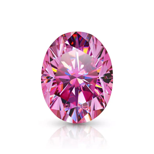 pink oval cut moissanite stone on white background, top view