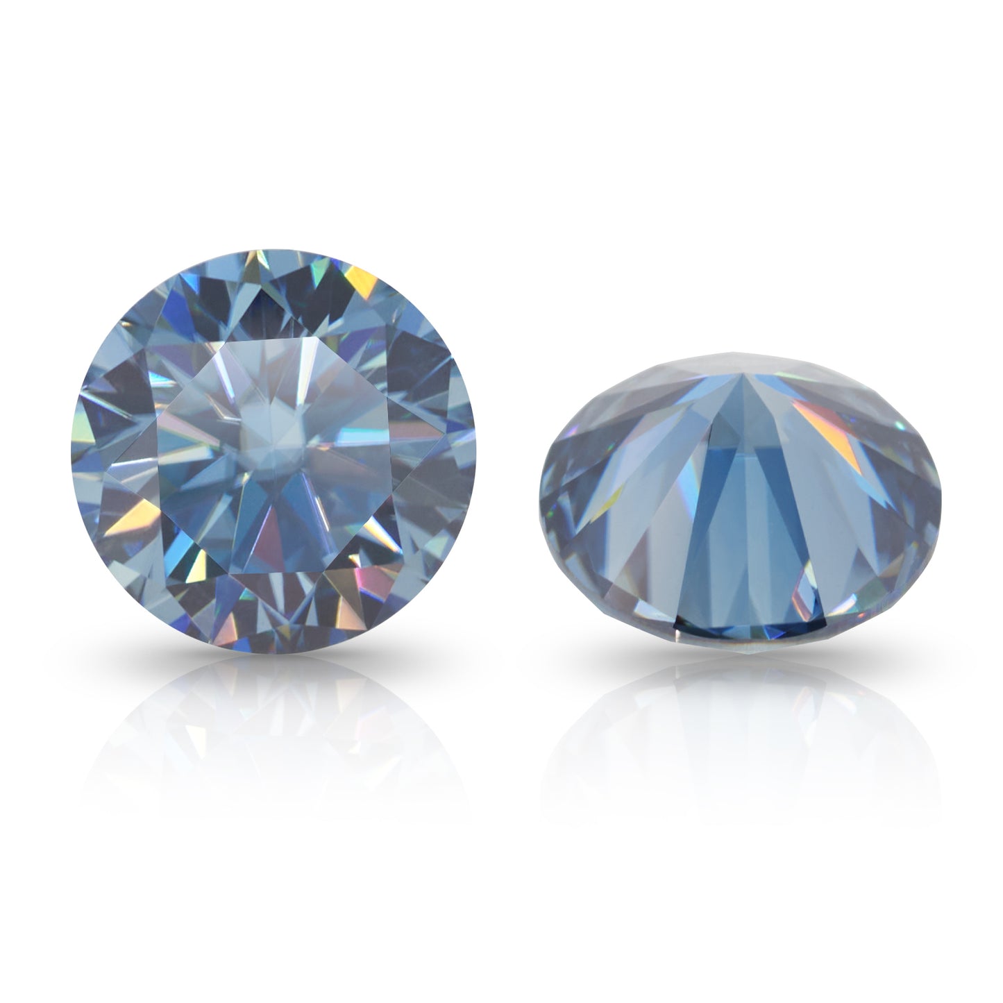 a pair of blue round cut moissanite stones on white background