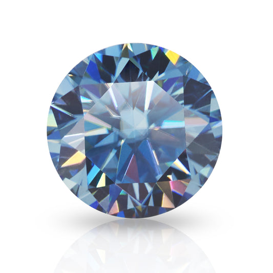 blue round cut moissanite stone with brilliant reflections inside on white background