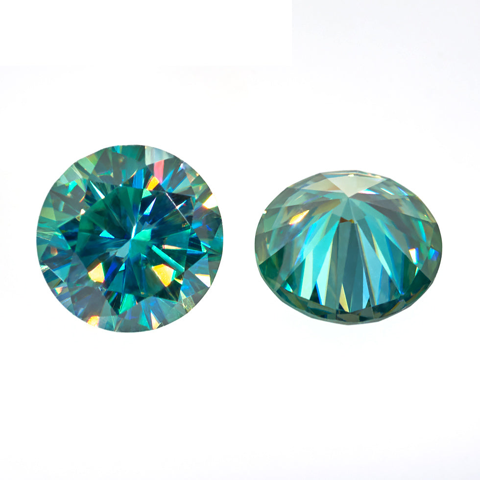 a pair of cyan round cut moissanite stone on white background, top and bottom view