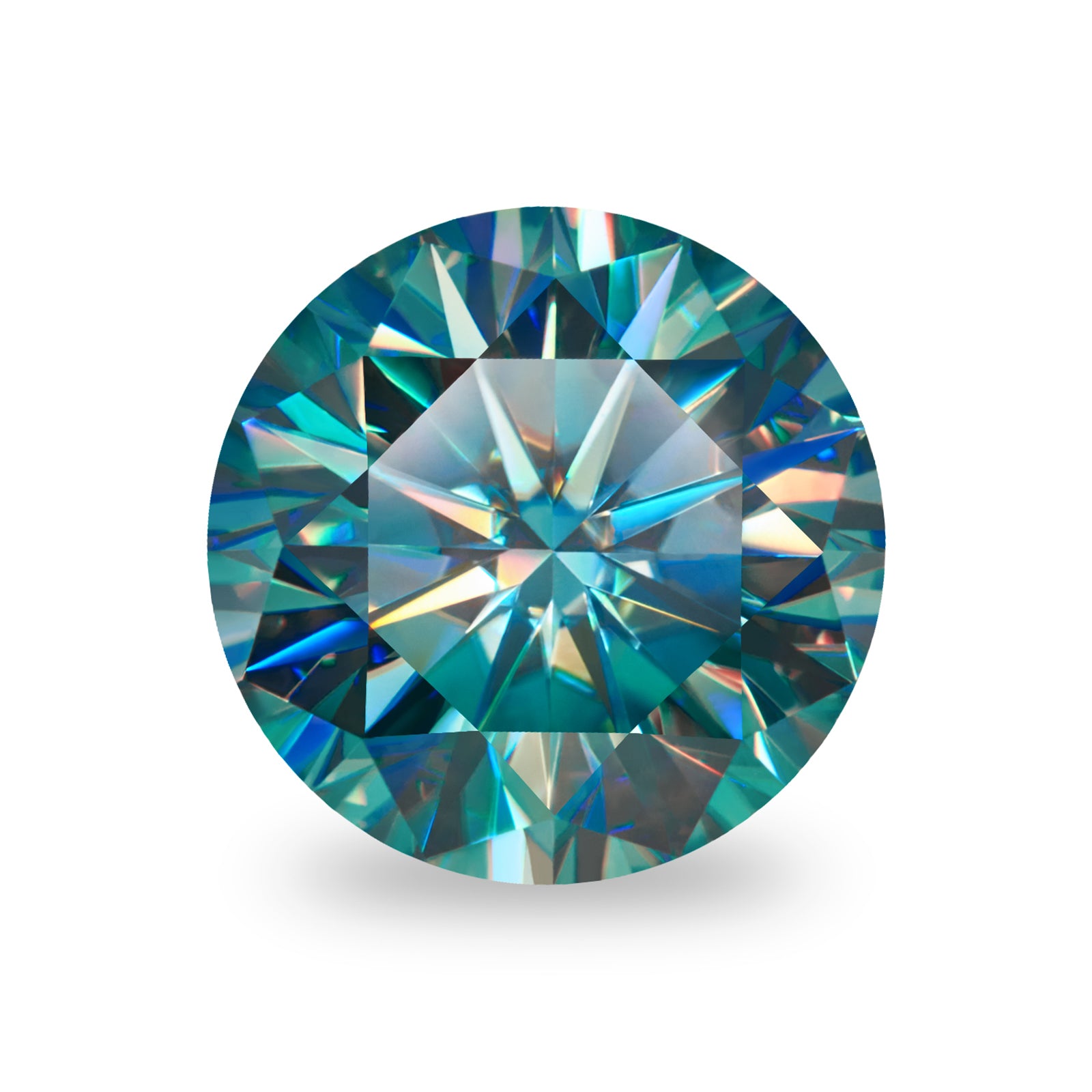 cyan round cut moissanite stone on white background