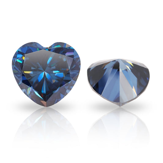 dark blue heart cut moissanite stone on white background, bottom and top view