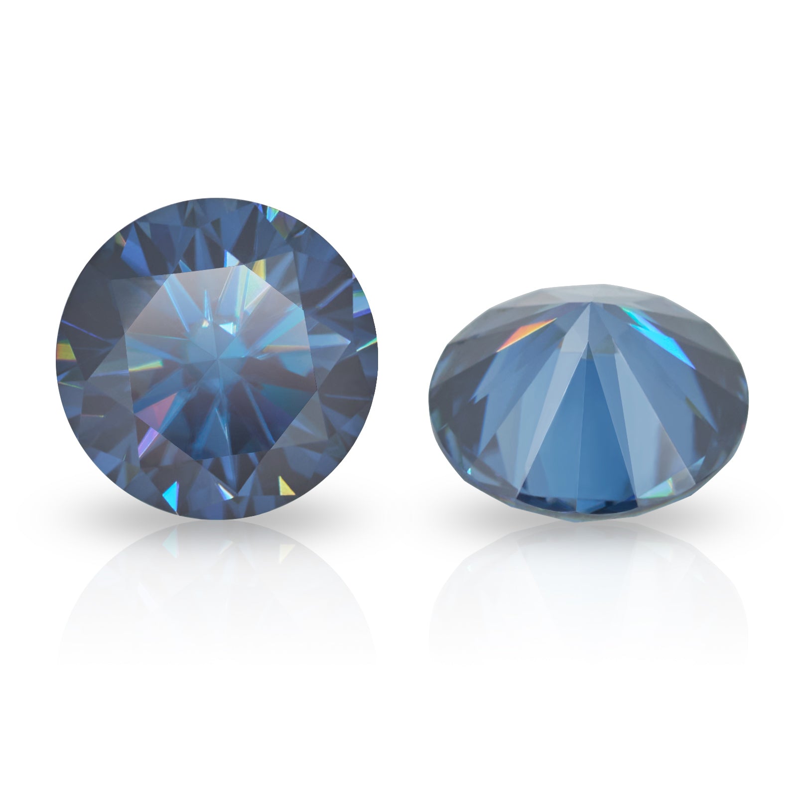 a pair of dark blue round cut moissanite stones on white background, top and bottom view