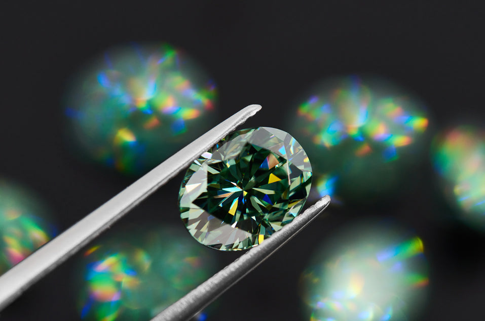 green oval cut moissanite stone in tweezers on black bokeh background with several other green stones