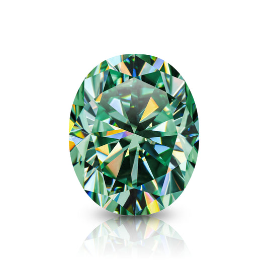 green oval cut moissanite stone on white background