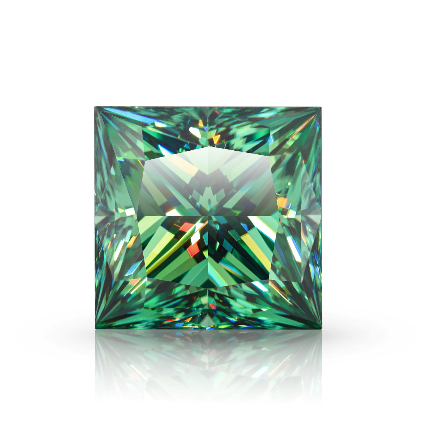 green princess cut moissanite stone on white background