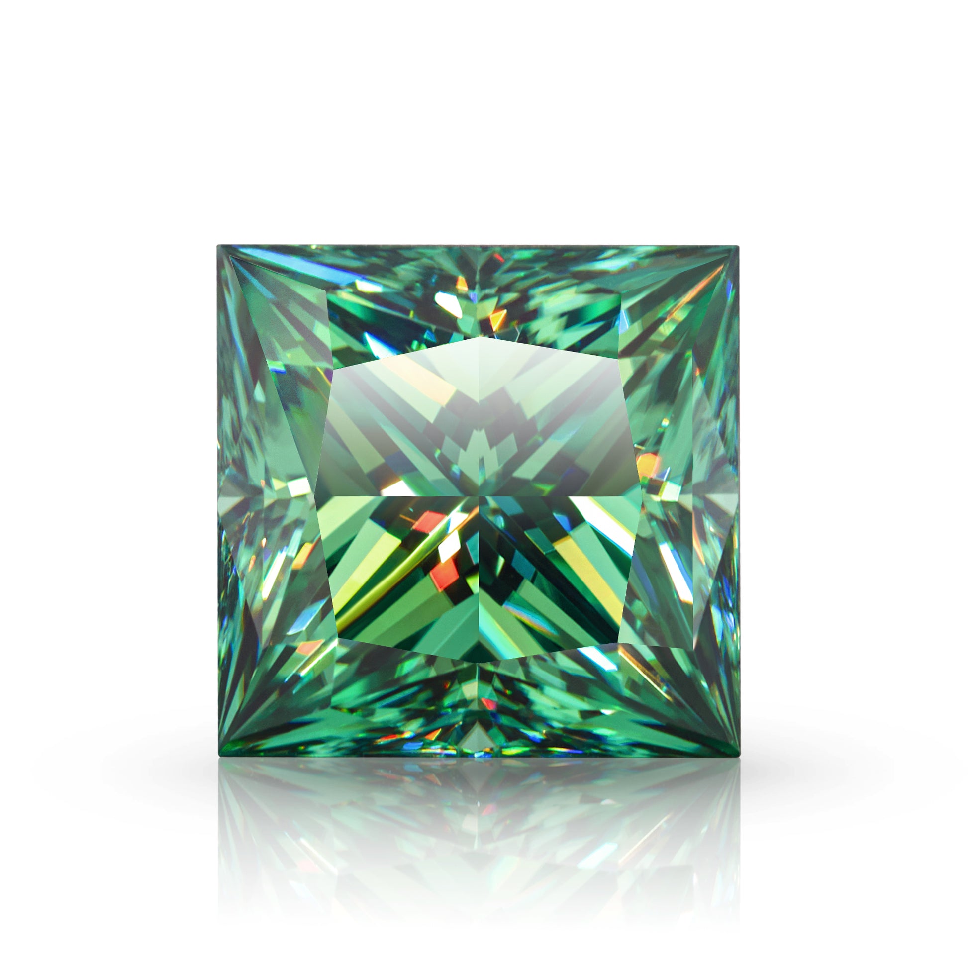 green princess cut moissanite stone on white background