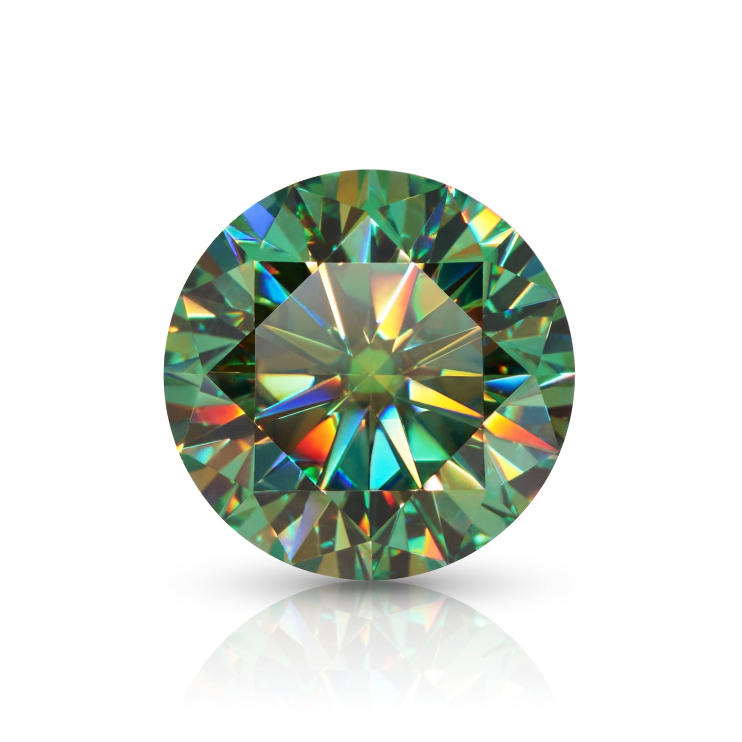 green round cut moissanite stone on white background