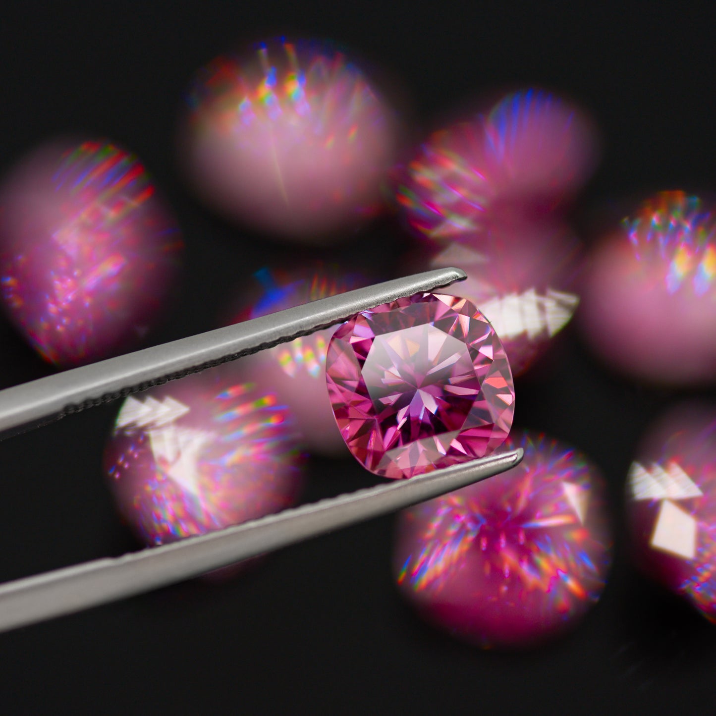 a pink cushion cut moissanite stone in tweezers, bokeh black background with other pink stones