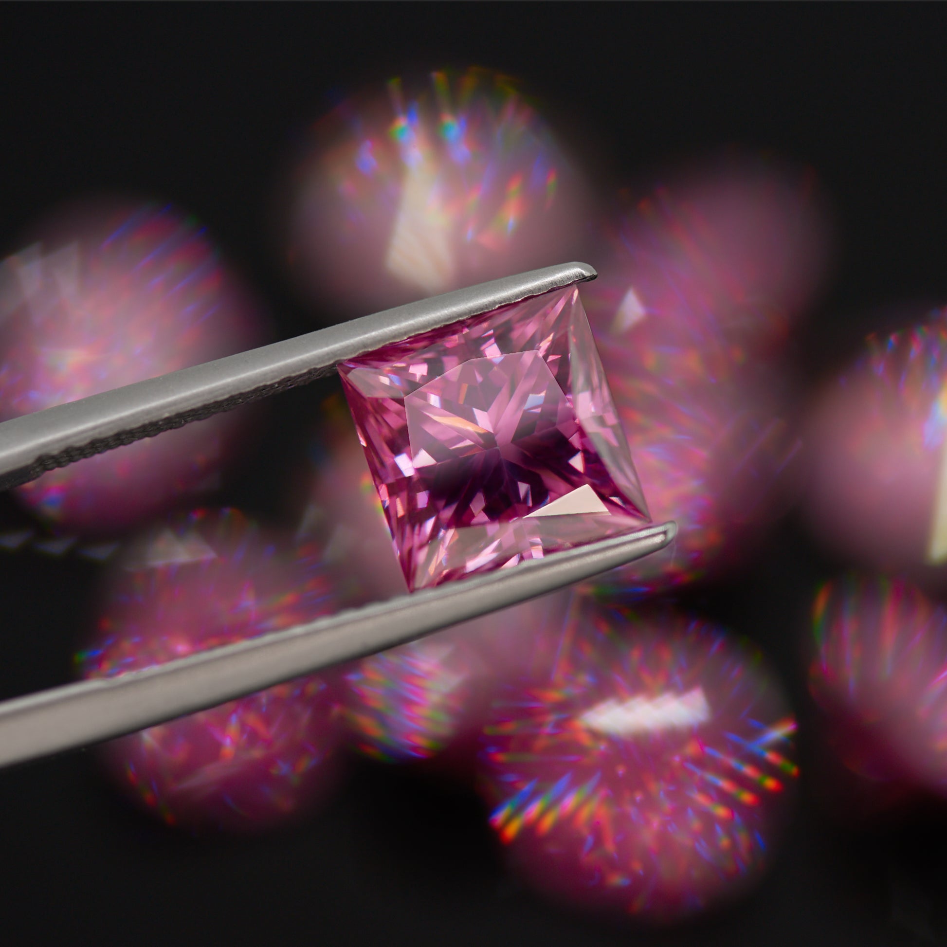 a pink princess cut moissanite stone in tweezers with bokeh black background containing pink stones