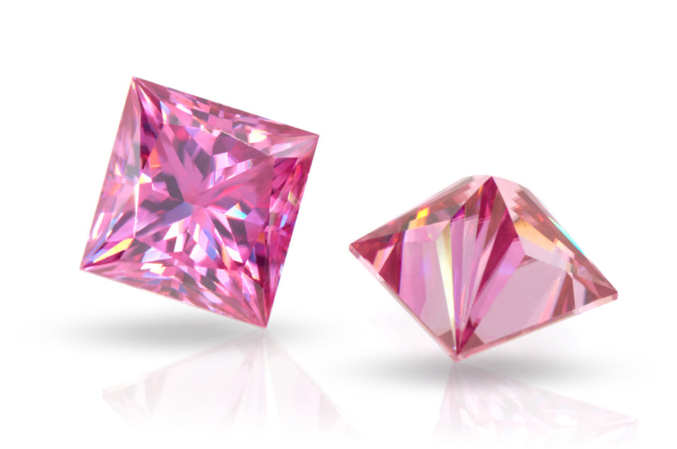 a pair of pink princess cut moissanite stones on white background, top and side view