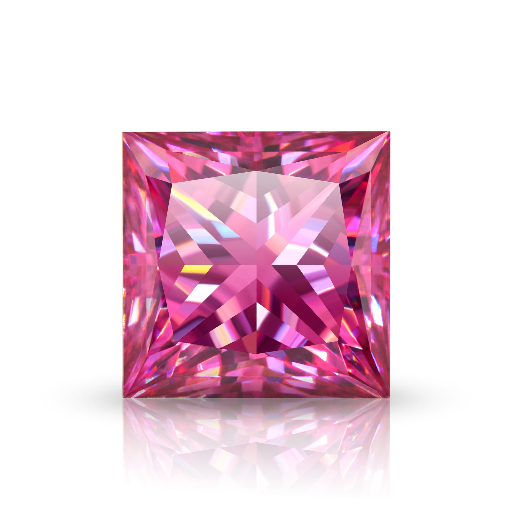 pink princess cut moissanite stone on white background