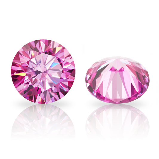 a pair of pink round cut moissanite stones on reflective white background, top and bottom view