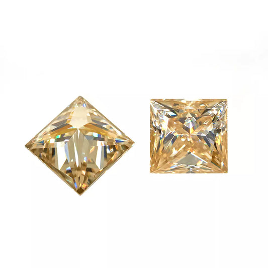 yellow princess cut moissanite stone, top and bottom view on white background