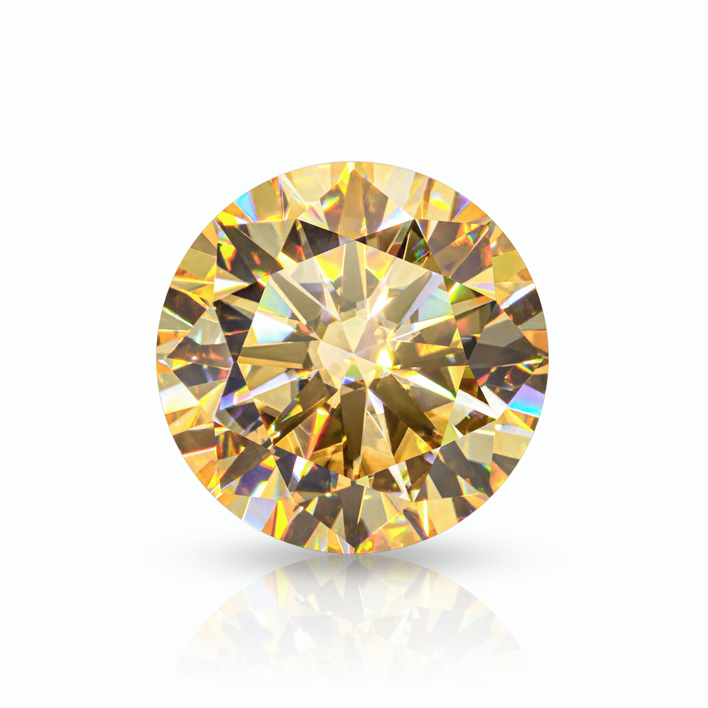 yellow round cut moissanite stone on reflective white background, top view